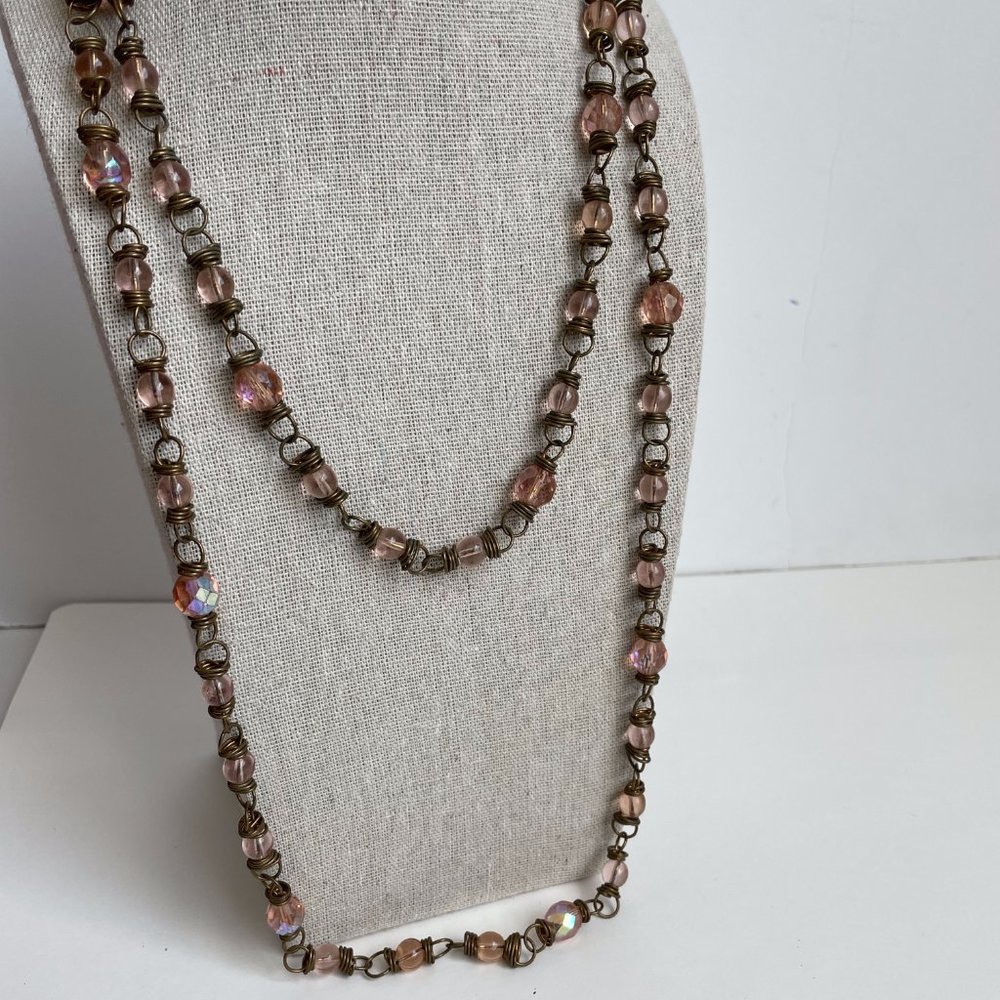 Vintage AB Aurora Borealis Coated Glass Bead Brass Opera Long Necklace 24” dia